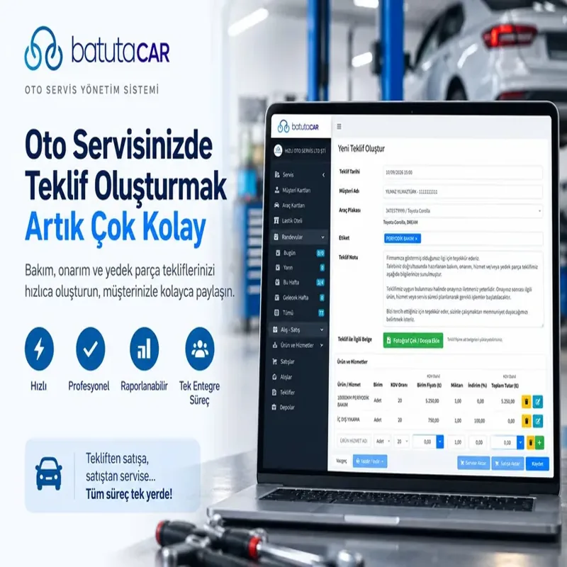 BatutaCar teklif ekranı: onaylanan teklif tek tıkla servis iş emrine aktarılır