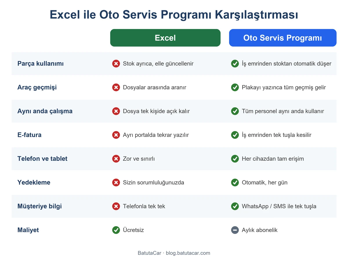 Excel ile oto servis programı karşılaştırma tablosu: stok, araç geçmişi, e-fatura, mobil erişim, yedekleme